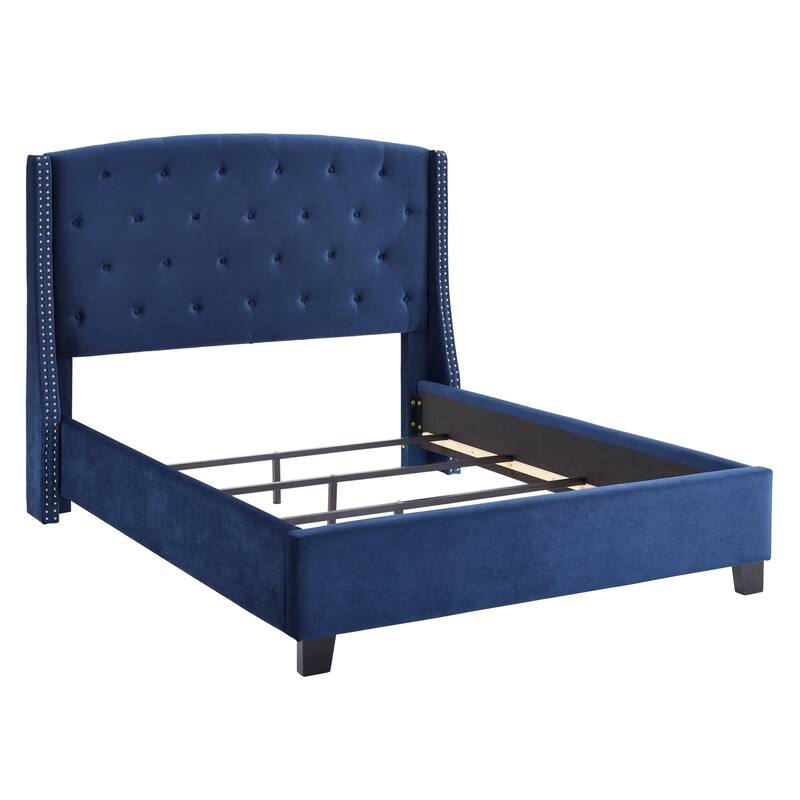 Upholstered Polyester Platform Bed with Summit Fabric Button Tufted Wingback and Nail Head Trim