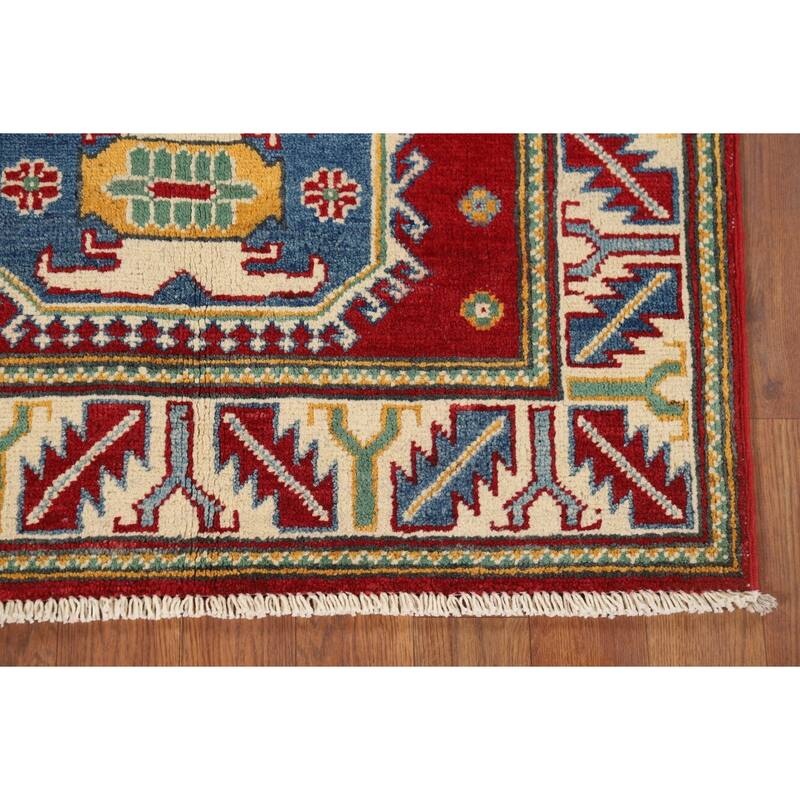 Geometric Red Kazak Foyer Rug Hand-Knotted Wool Carpet - 2'8" x 4'1"