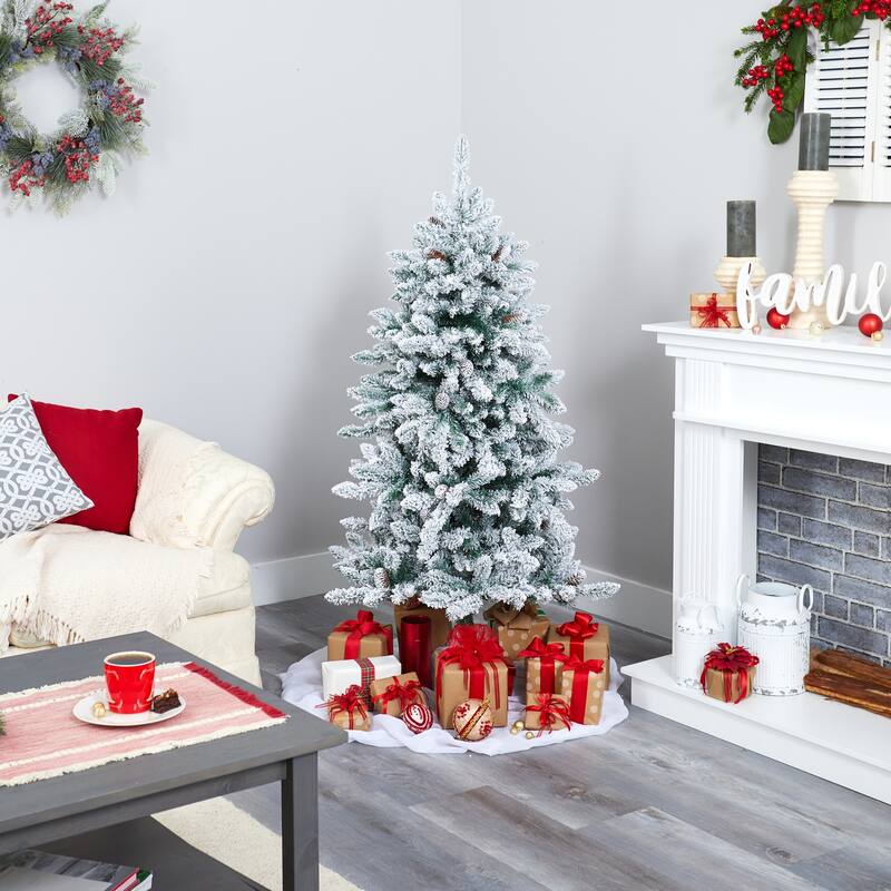 5ft Artificial Christmas Tree - Prelit Flocked Fir Tree with Warm Lights & Pine Cones - White - 60