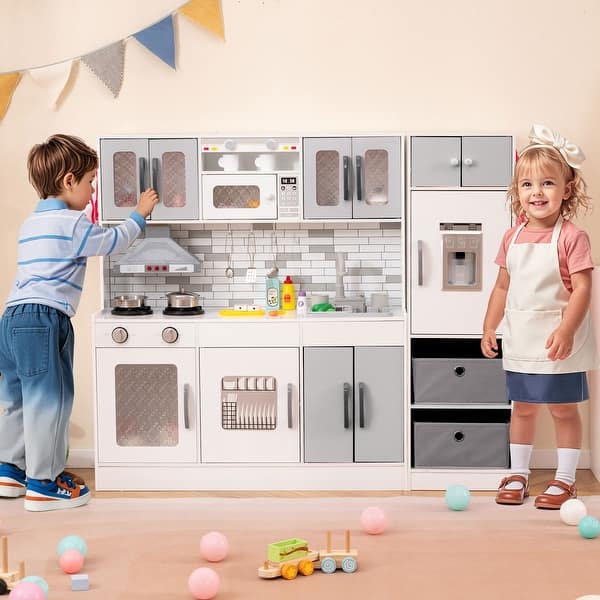 slide 2 of 6, Wooden Kids Kitchen Set with Realistic Sounds and Storage Features - 46.5" x 11.5" x 39.5" Kitchens