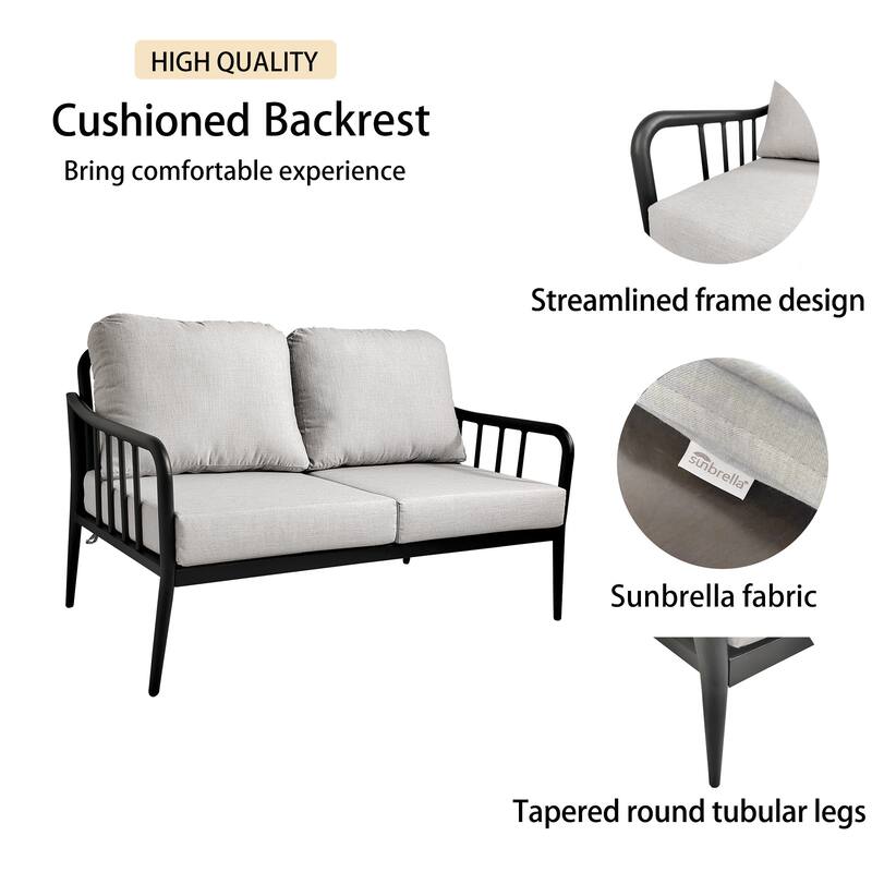 2-Piece Outdoor Loveseat & Table - Sunbrella Cushions, Carrara Stone-Look, Ember Black Frame - 29.9" D x 53.1" W x 30.9" H