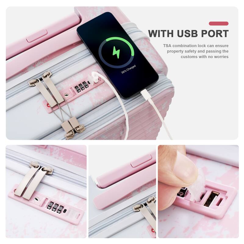 3 Piece Luggage Sets Expandable Suitcases with Front Pocket, TSA Lock USB Interface and Universal Wheel & Cup Holder