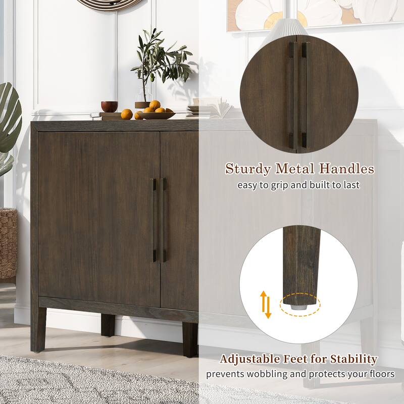 47.25"Sideboard with Pine Veneer and 2 Doors, Retro Buffet with Adjustable Feet, Wooden Storage Cabinet with Metal Handles
