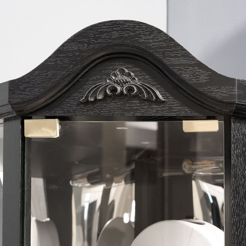 Lighted Corner Curio Cabinet, Glass Display Cabinet with Adjustable Shelves, Accent Cabinet with Curved Top Carving