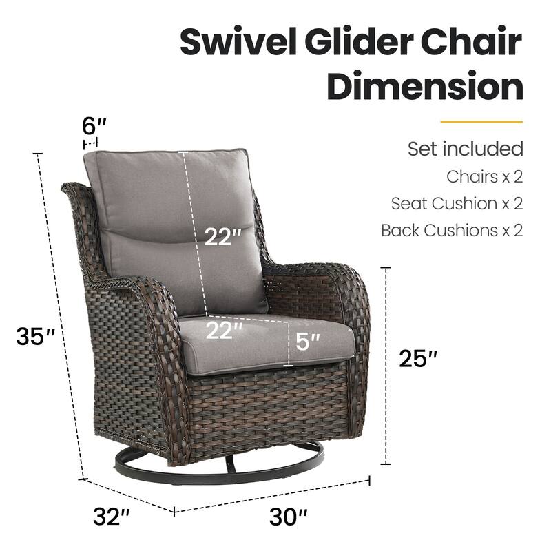 Swivel Patio Wicker Chairs Set of 2- Grey cushion - Brown
