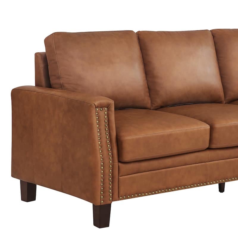 Mid-Century Modern 3-Seater Sofa 84" in Upholstered Genuine Leather with Solid Wood Frame for Living Room