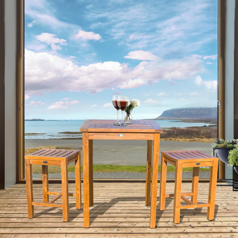 Chic Teak 3 Piece Teak Wood Seville Small Counter Height Patio Bistro Set, 2 Counters Stools and 27" Square Table
