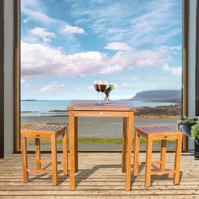 Chic Teak 3 Piece Teak Wood Seville Small Counter Height Patio Bistro Set, 2 Counters Stools and 27" Square Table
