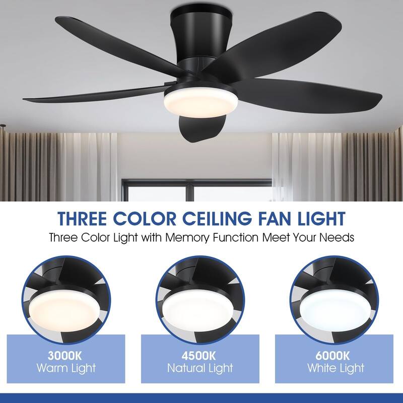 36"/42"/48" Low Profile Ceiling Fan with ABS Blades 3 Color LED Flush Mount for Bedroom Living Room APP and Remote Control