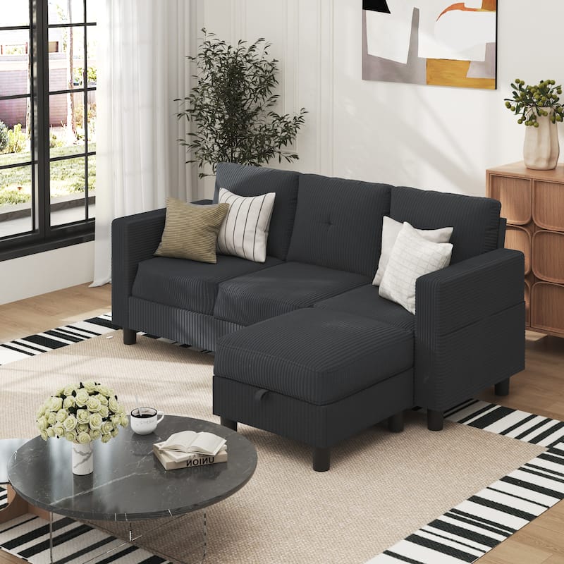 3-Seater Sectional Sofa with Movable Ottoman, Modern Living Room Couch