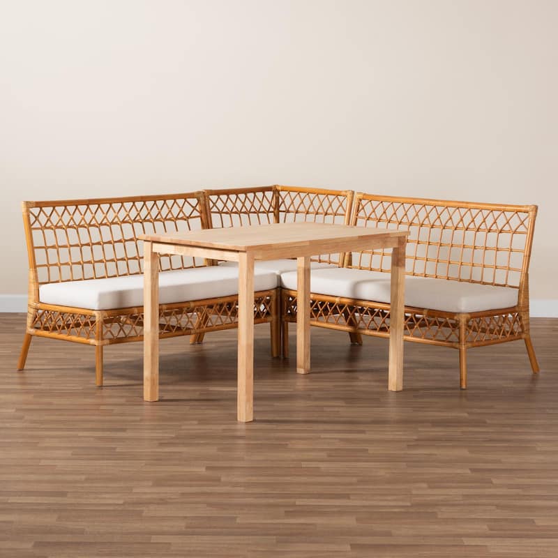 Aina Modern Bohemian Honey Rattan 4-Piece Dining Nook Set