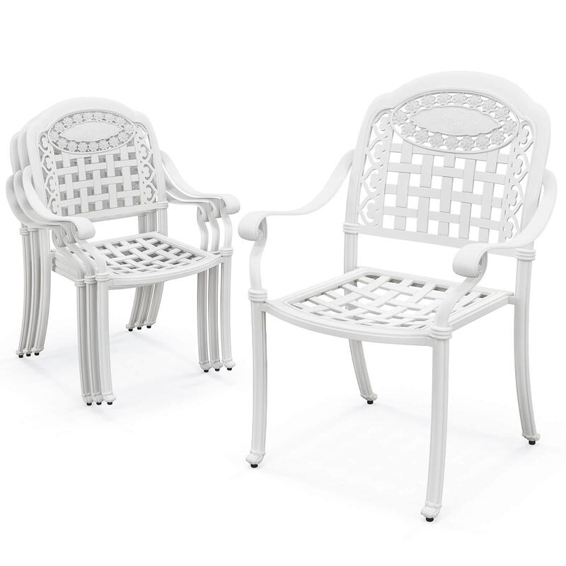 Gymax Set Of 4 Patio Cast Aluminum Armrest Chairs Dining Stackable - White