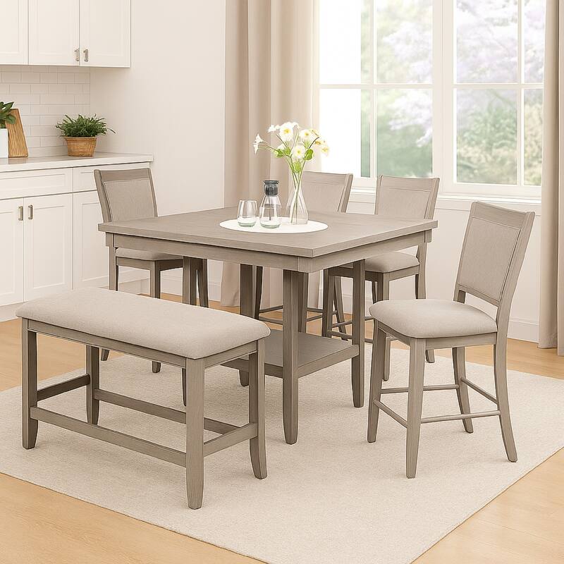 Filu Counter Height Chair Set of 2, White Oak Wood, Light Gray Fabric