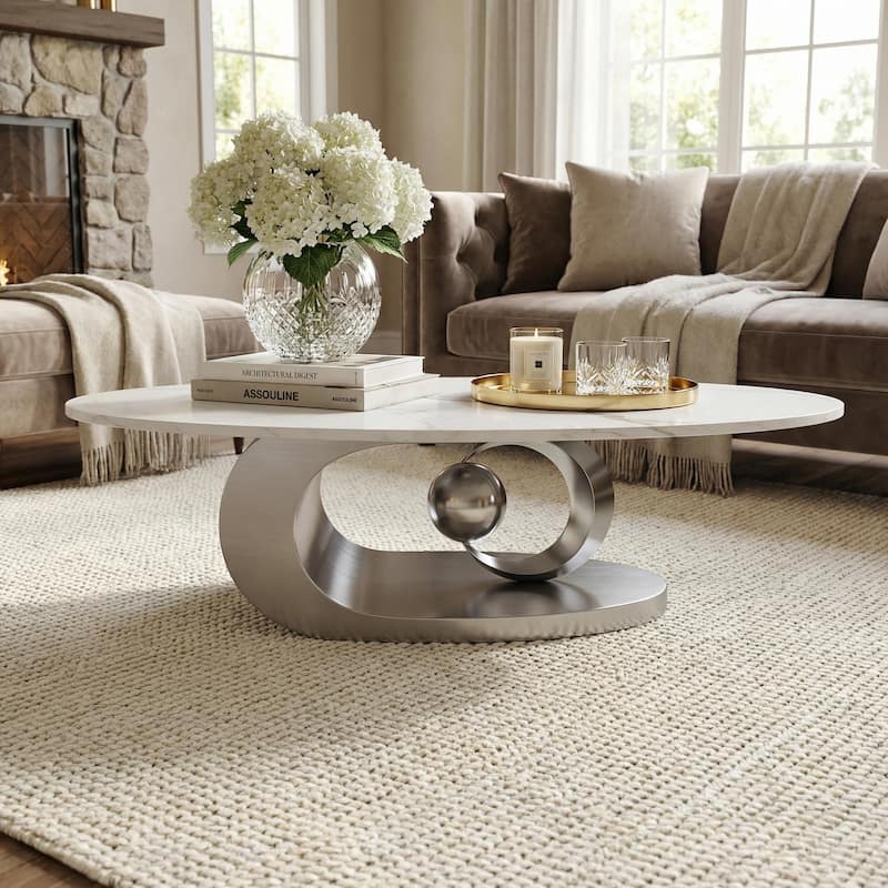 Homy Casa Luxury Oval Coffee Table, High-Gloss Faux Marble Top, Electroplated Brushed Stainless-Steel Sculptural Christmas Gift - Grey - Marble