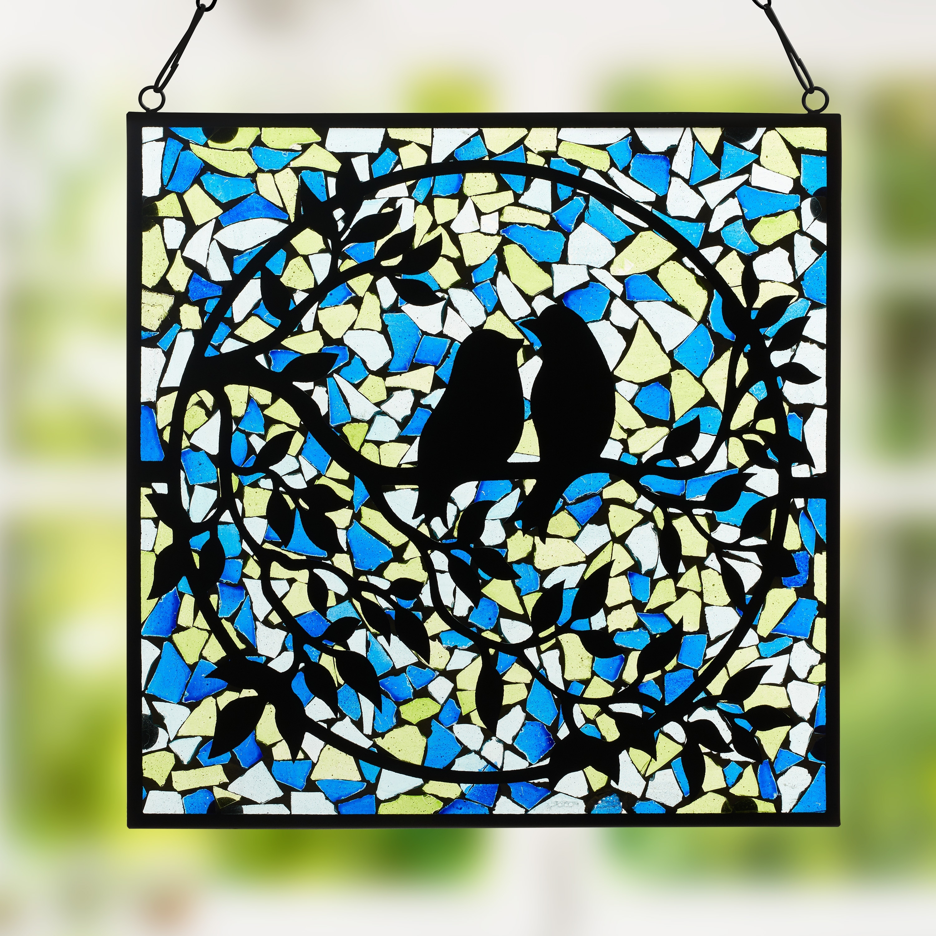 River of Goods Love Birds Mosaic Stained Glass Window Panel - 12" x 0.25" x 12"