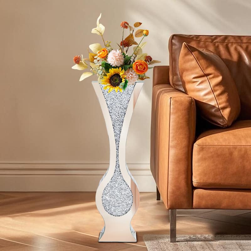 Silver 27" Tall Mirrored Vase Crushed Diamond Floor Vase Pampas Faux Flower Vase Glam Decor