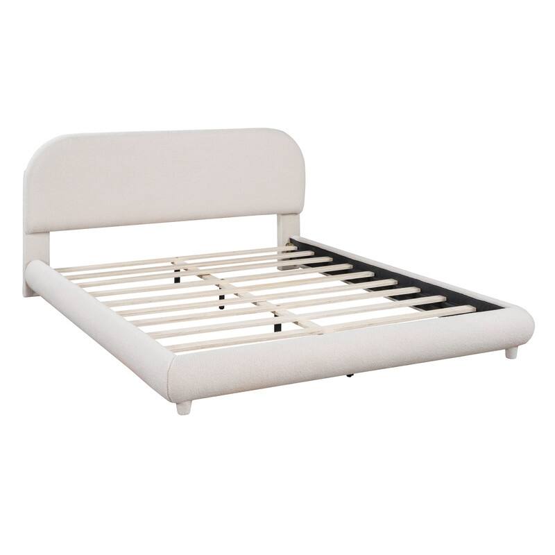 Full/Queen Size Teddy Fleece Upholstered Bed with Thick Fabric, Platform Bed Frame with Headboard & Stylish Curve-shaped Design