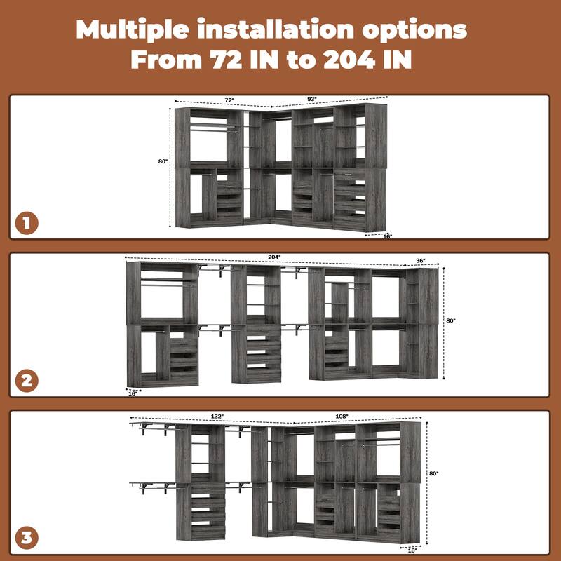 Qvella 72''-204'' Corner Closet System with 10 Wooden Drawers and 10 Hanging Rods, Walk-in Closet Organizer Wardrobe Rack