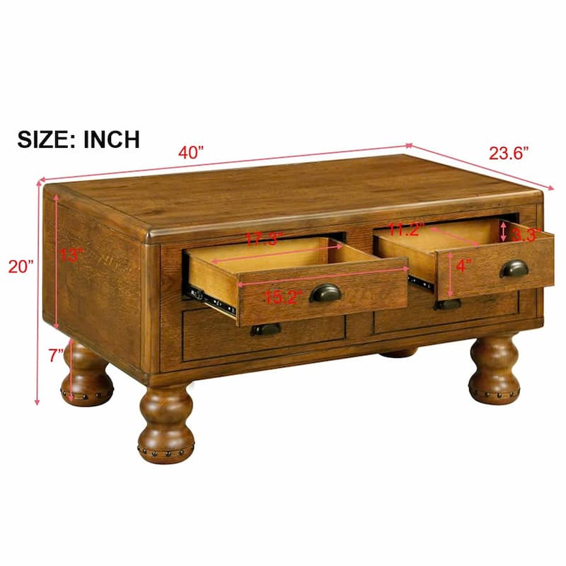 40" Solid Wood Rectangle Coffee Table with 4 Drawers