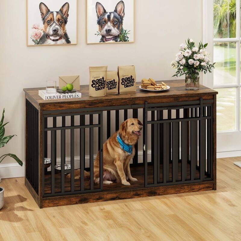 55" Large Dog Crate Furniture Dog Kennel with Sliding Doors - Brown