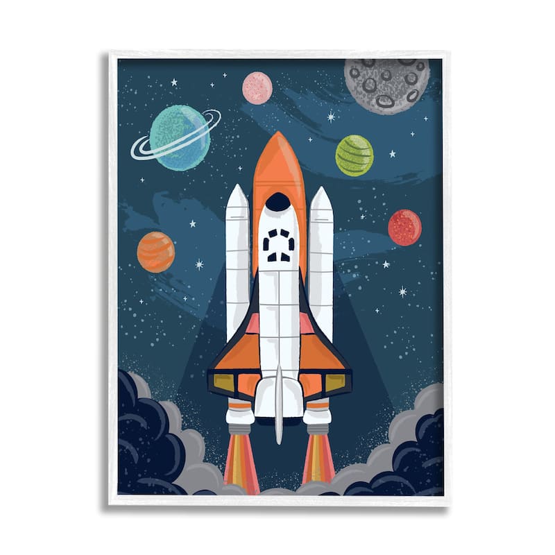 Stupell Rocket Ship Ready for Flight Outer Space Planets Framed Wall Art - Blue - 11 x 14 - White