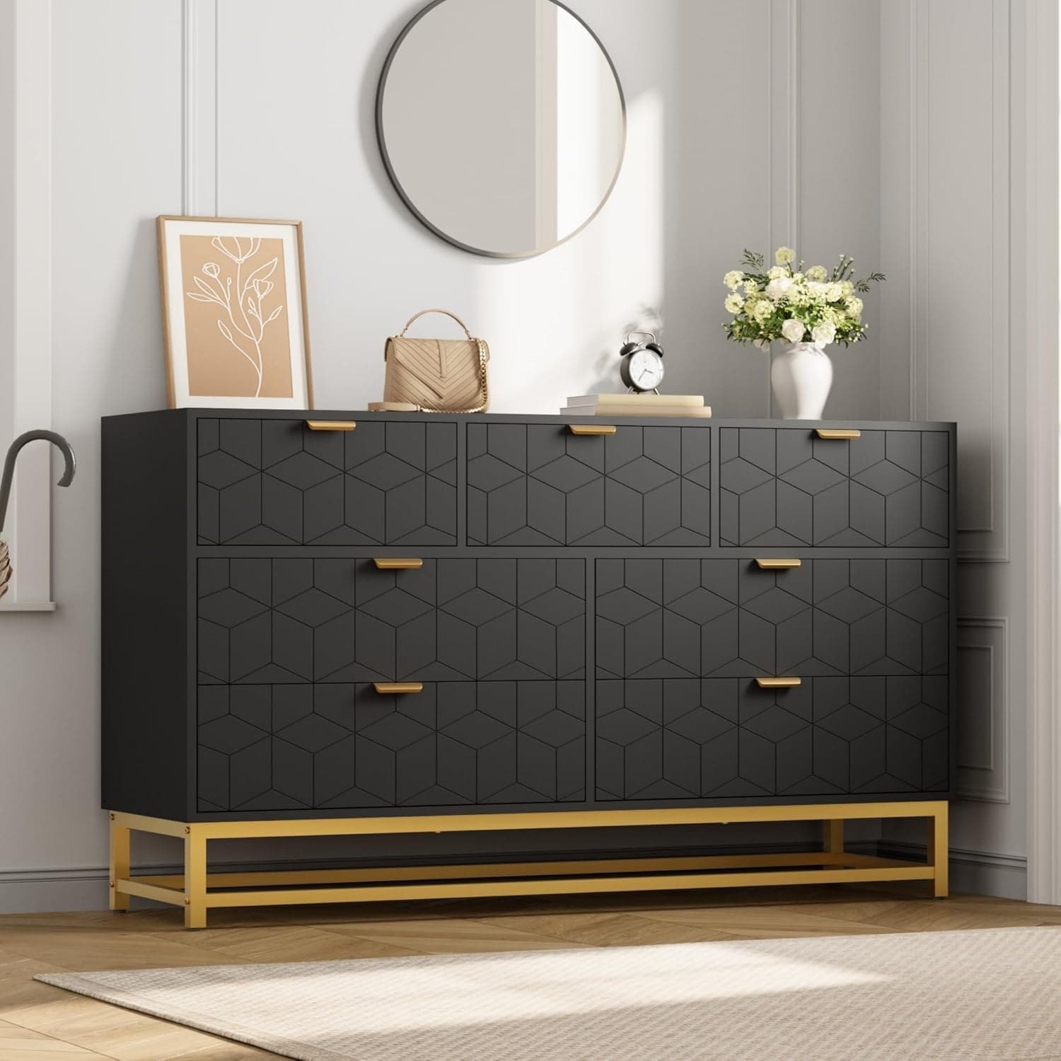 53.5 Inch Black 7-Drawer Modern Dresser, Gold Metal Handle & Legs, Chest Storage Organizer for Closet, Entryway