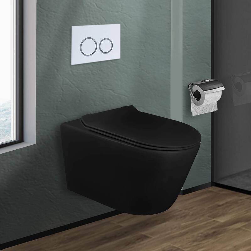 In-Wall toilet Combo Set - Toilet, Tank (2 x 6 Wall), Carrier System - White Round - Push Plates (Plastic) - Black Bowl