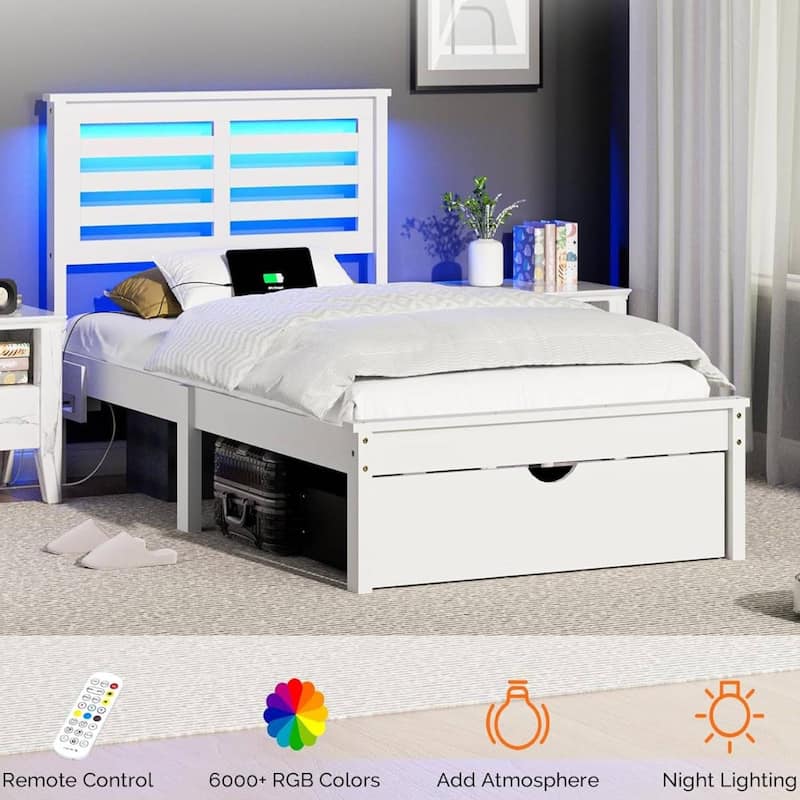 Twin Wood Bed Frame with Charging Station, Lighted Platform Bed, White
