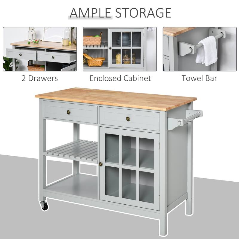 HOMCOM Kitchen Island Utility Storage Cart with Rubber Wood Top, Towel Rack, 2 Cabinets & Drawers for Dining Room