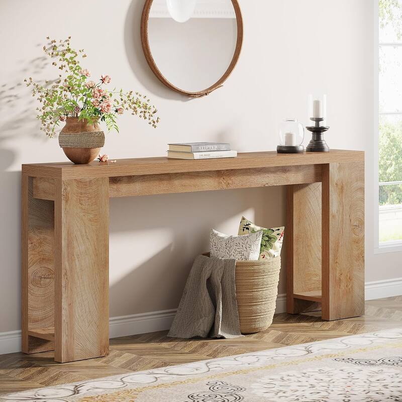 70.9" Extra Long Farmhouse Console Table - Narrow Wood Entryway Sofa Table Behind Couch, Rustic Accent Table for Living Room - Light Oak