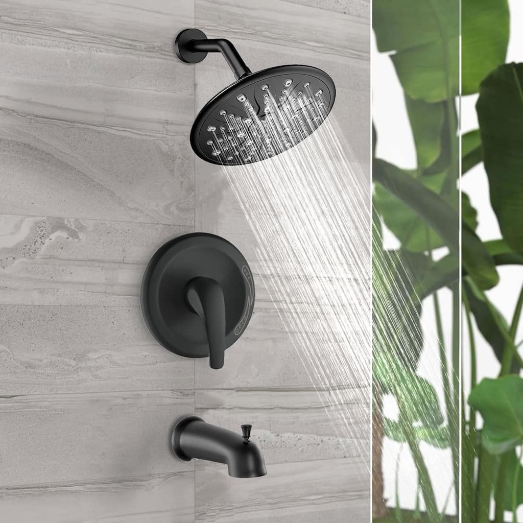 Wall Mount Tub and Shower Faucet Set With 6 Inch Shower Head Matte Black Shower System Rain Trim Kit With Pressure Balance Valve