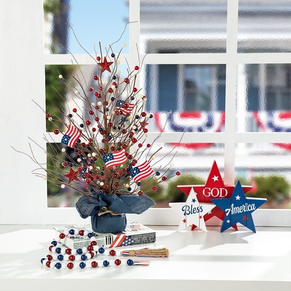 slide 2 of 14, Glitzhome 20"H Patriotic July 4th Berry Stars Table Tree Flag