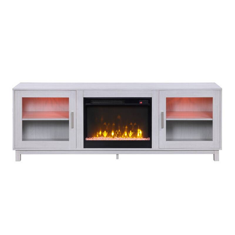 Samy 70 Inch TV Console LED Fireplace Heater, Glass Door, White, Silver