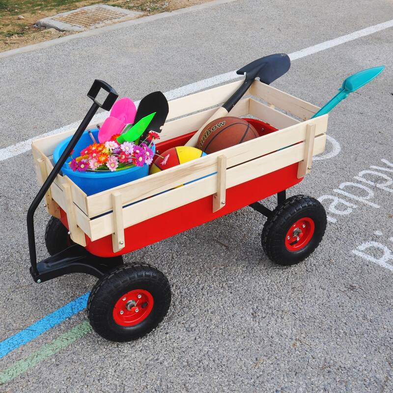 All-Terrain Yard Cart - Adjustable Handle, Large Capacity, Steel and Wood Construction with 180° Steering - Metal