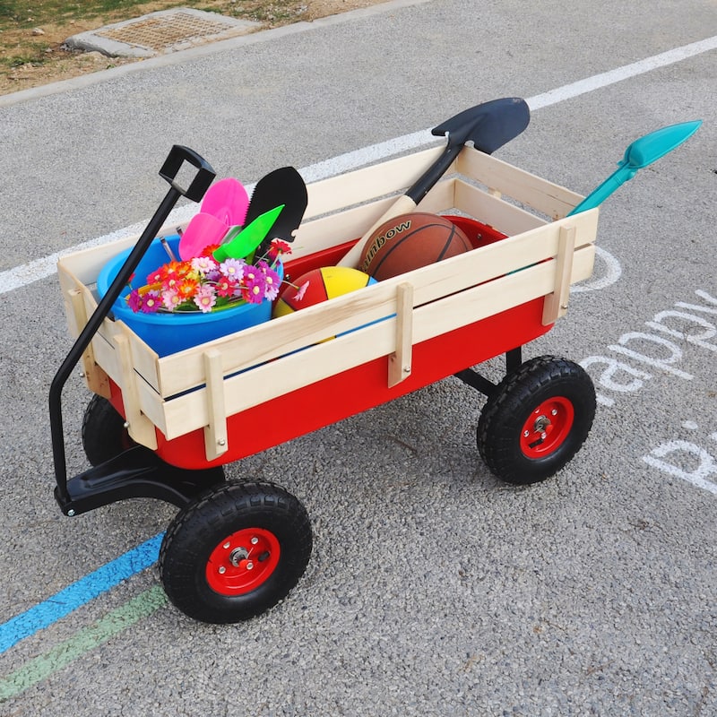 Outdoor Wagon All Terrain Pulling with Wood Railing Air Tires Children Kid Garden