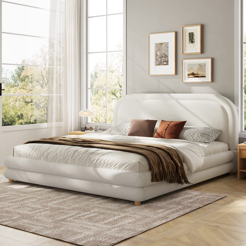 Christopher Knight Home - Camellia Modern Boucle Upholstered Bed Frame with Thick Curved Headboard and Wood Legs - White