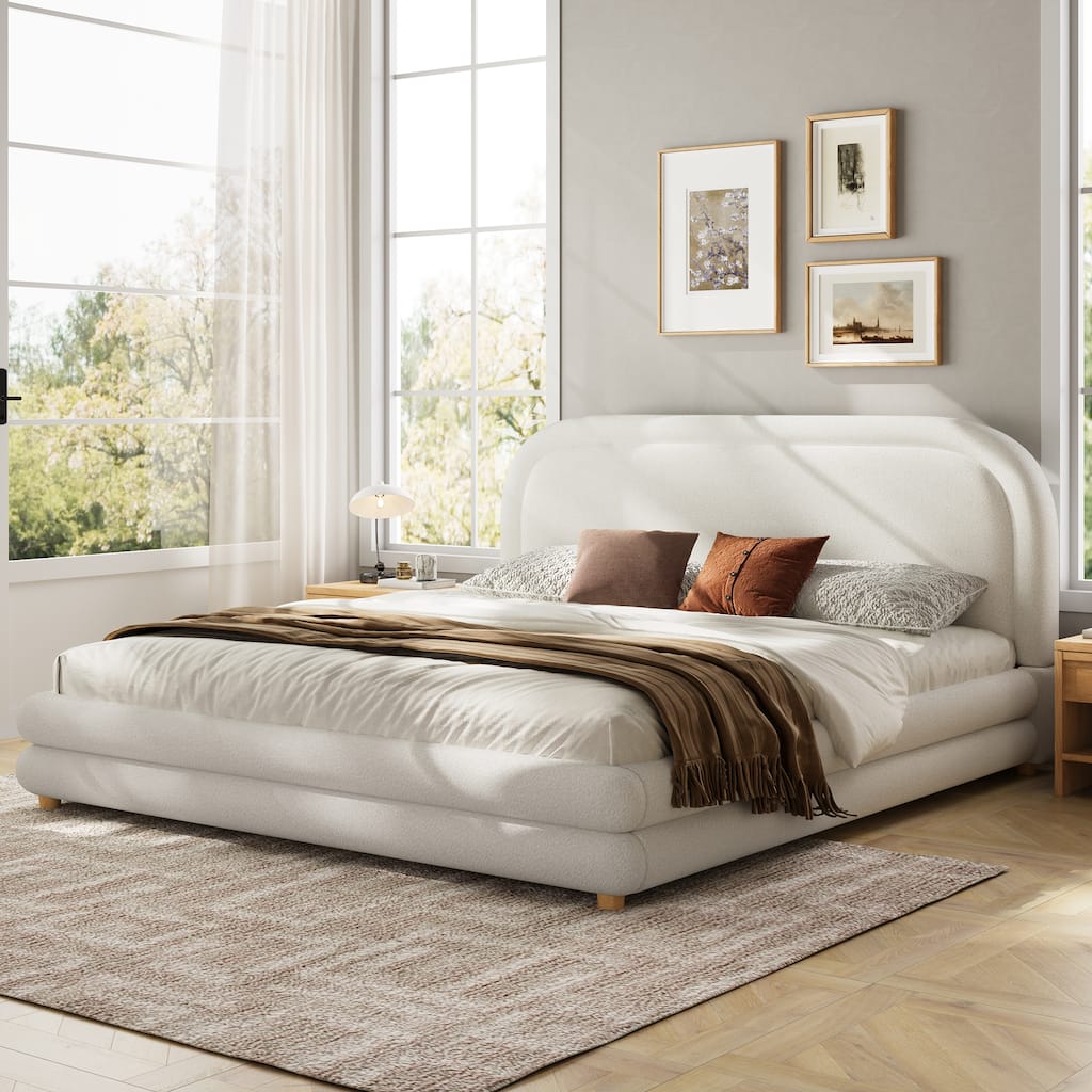 Christopher Knight Home - Camellia Modern Boucle Upholstered Bed Frame with Thick Curved Headboard and Solid Wood Legs