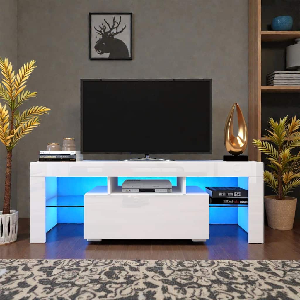 Entertainment TV Stand with LED Lights, 51" Modern Media Console Cabinet for 55" TV, Storage Base for Living Room