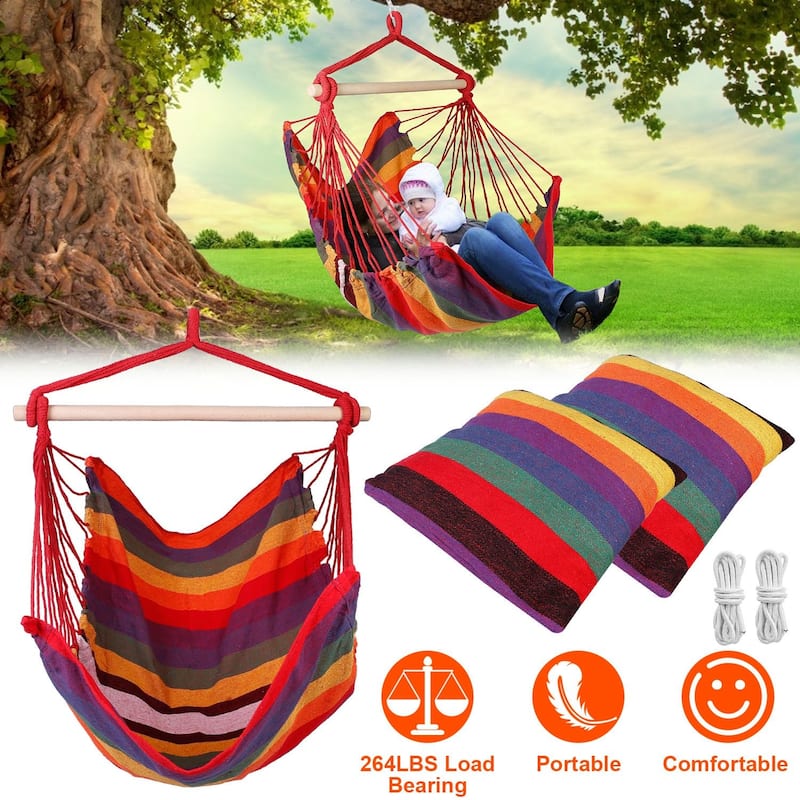 Cotton Canvas Swing Seat Hanging Hammock Chair with Pillows and Wooden Bar for Indoor or Outdoor - 39” x 51”