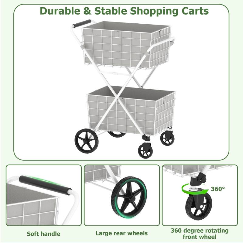 Foldable 2 Layers Grocery Shopping Cart with Double Basket and 360 Rolling Swivel Wheels