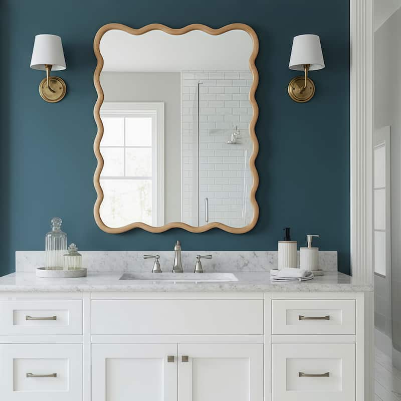 Wavy Rectangle Solid Wood Frame Decorative Mirror - Natural