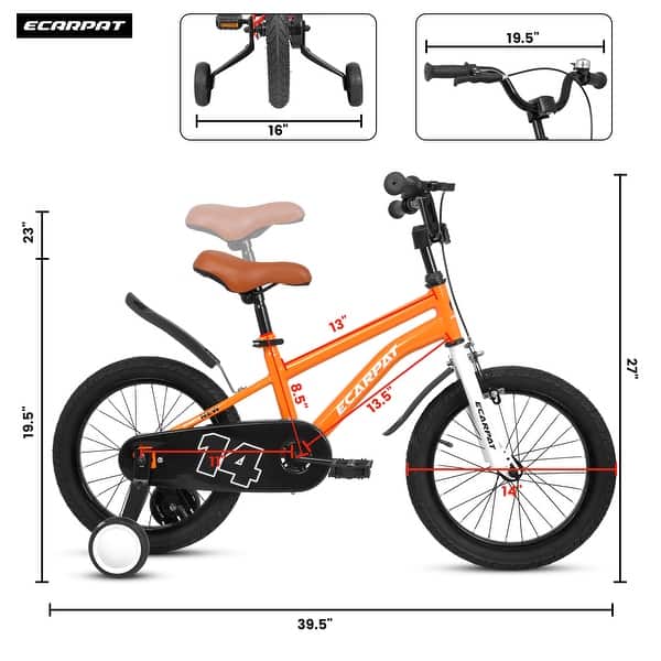 dimension image slide 3 of 7, Adjustable 14" & 16" Kids Bike with Training Wheels, Safe Brakes & Easy Assembly