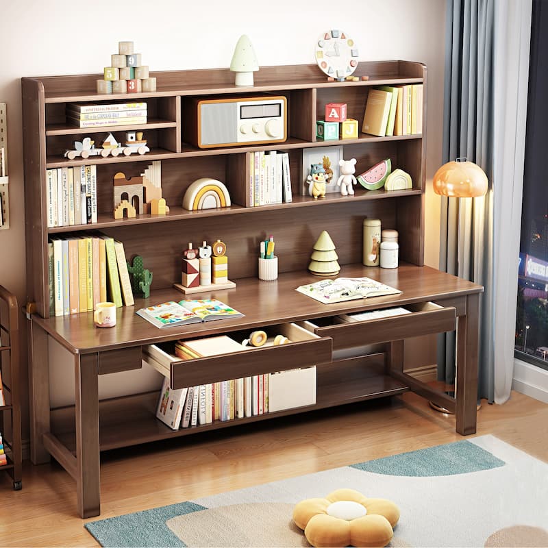 Kids Desk Wood Study Desk Writing Desk with Bookshelf