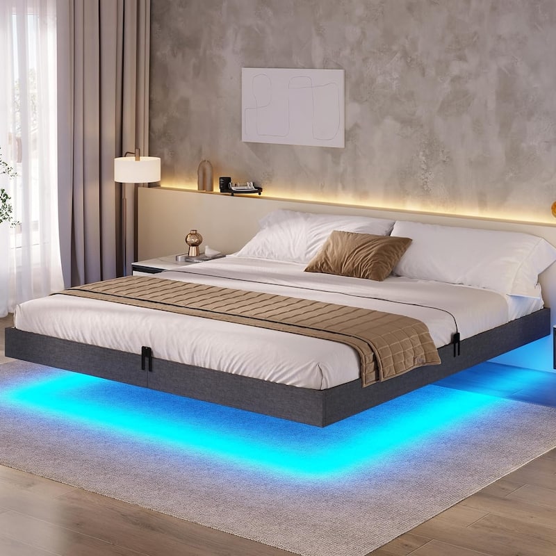 Bed Frame Floating LED Lights Industrial Wooden Metal Platform Bed - Grey - Full