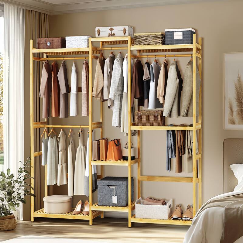Large Bamboo Clothing Garment Rack Multi-tiered Wardrobe