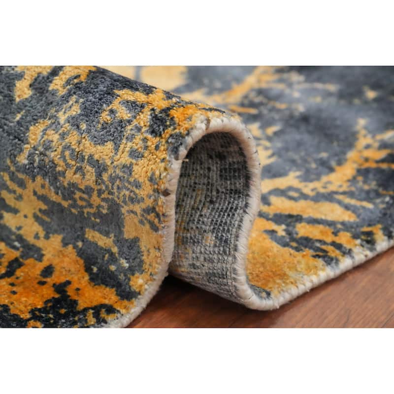 Hand Knotted Oriental Viscose Silk Carpet Modern Pictorial Navy Blue & Blues Abstract Area Rug - 7' 8'' X 5' 8''