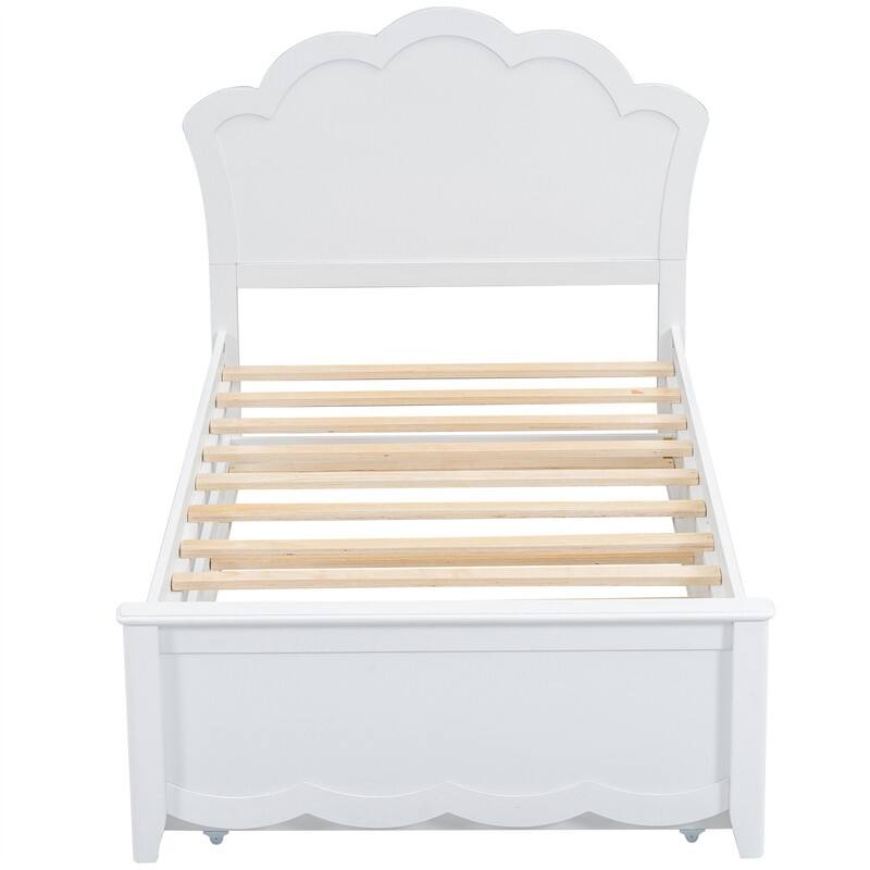 Solid Wood Platform Bed with Twin Size Trundle, Twin/Full Size Bed Frame with Headboard and Slats Support