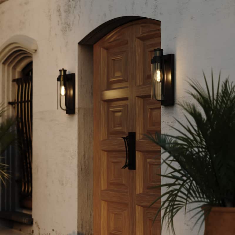 Lawton Steel LED Compatible Black Motion Sensor Dusk to Dawn Outdoor Wall Light Transitional Clear Glass