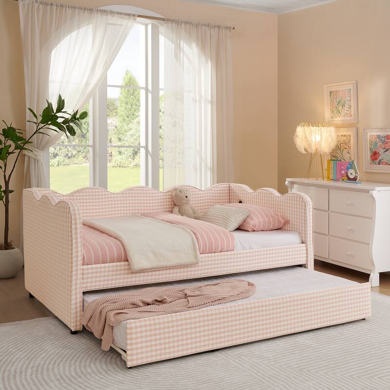 Linen Fabric Gingham Daybed with Trundle, Twin Size Sofa Bed with USB Port and Adorable Wave Shaped Headboard