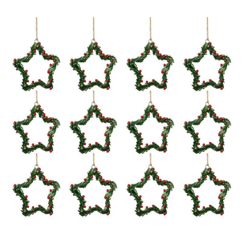 Festive Beaded Christmas Star Hanging Ornaments with Red Berries, Set of 12, 6"